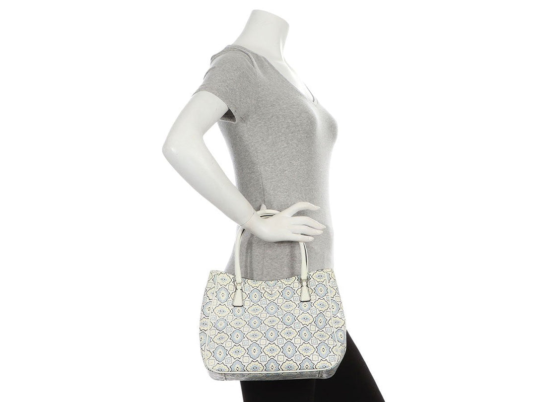 Prada Small Blue, Cream, and White Embossed Floral Tote