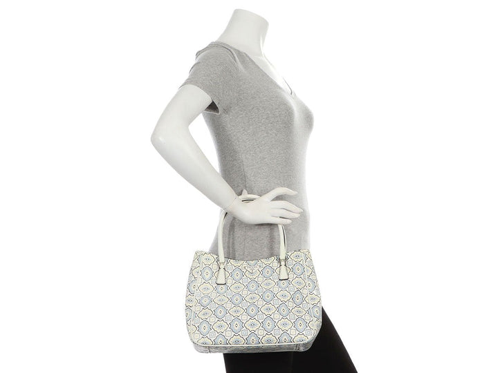 Prada Small Blue, Cream, and White Embossed Floral Tote