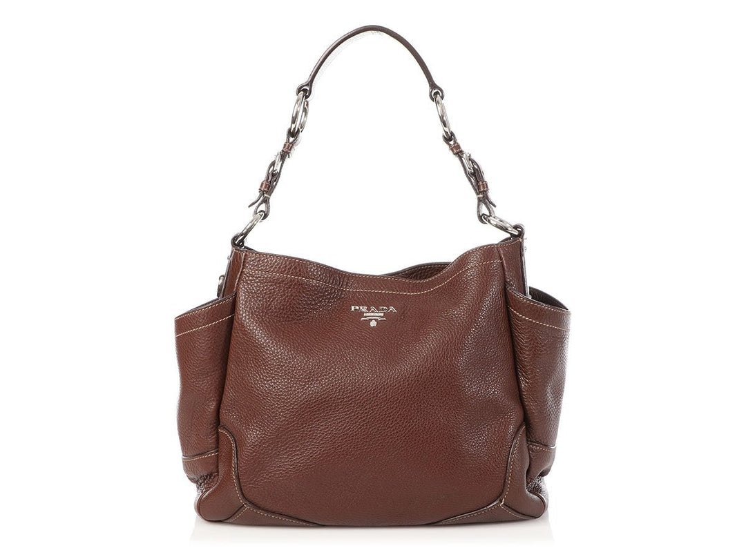Prada Brown Vitello Daino Side Pocket Hobo