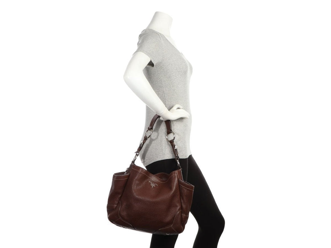 Prada Brown Vitello Daino Side Pocket Hobo