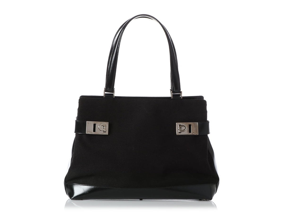 Ferragamo Black Canvas and Leather Top Handle