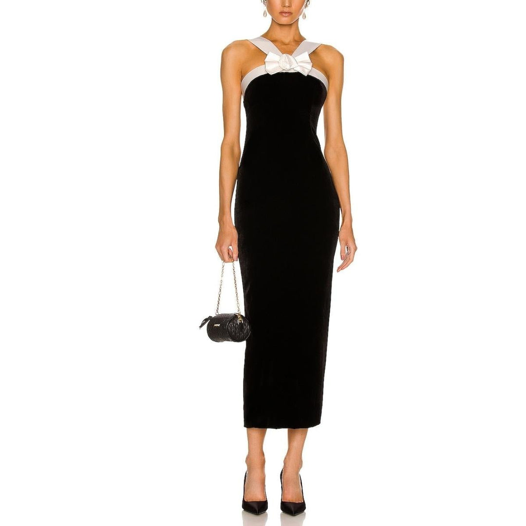 Bow-appliqué velvet dress