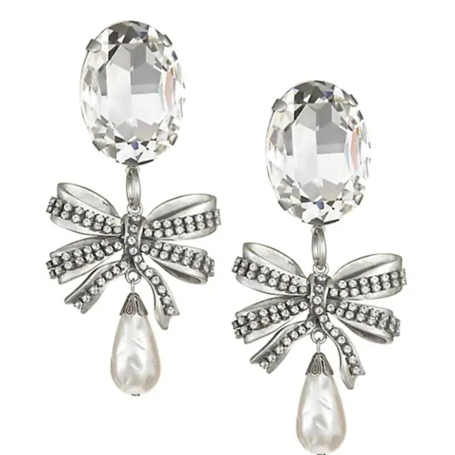 Alessandra Rich-Crystal Bow Pearl Drop Earring - Runway Catalog