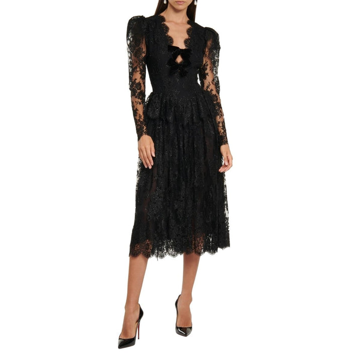 Embellished Tiered Lace Midi Dress