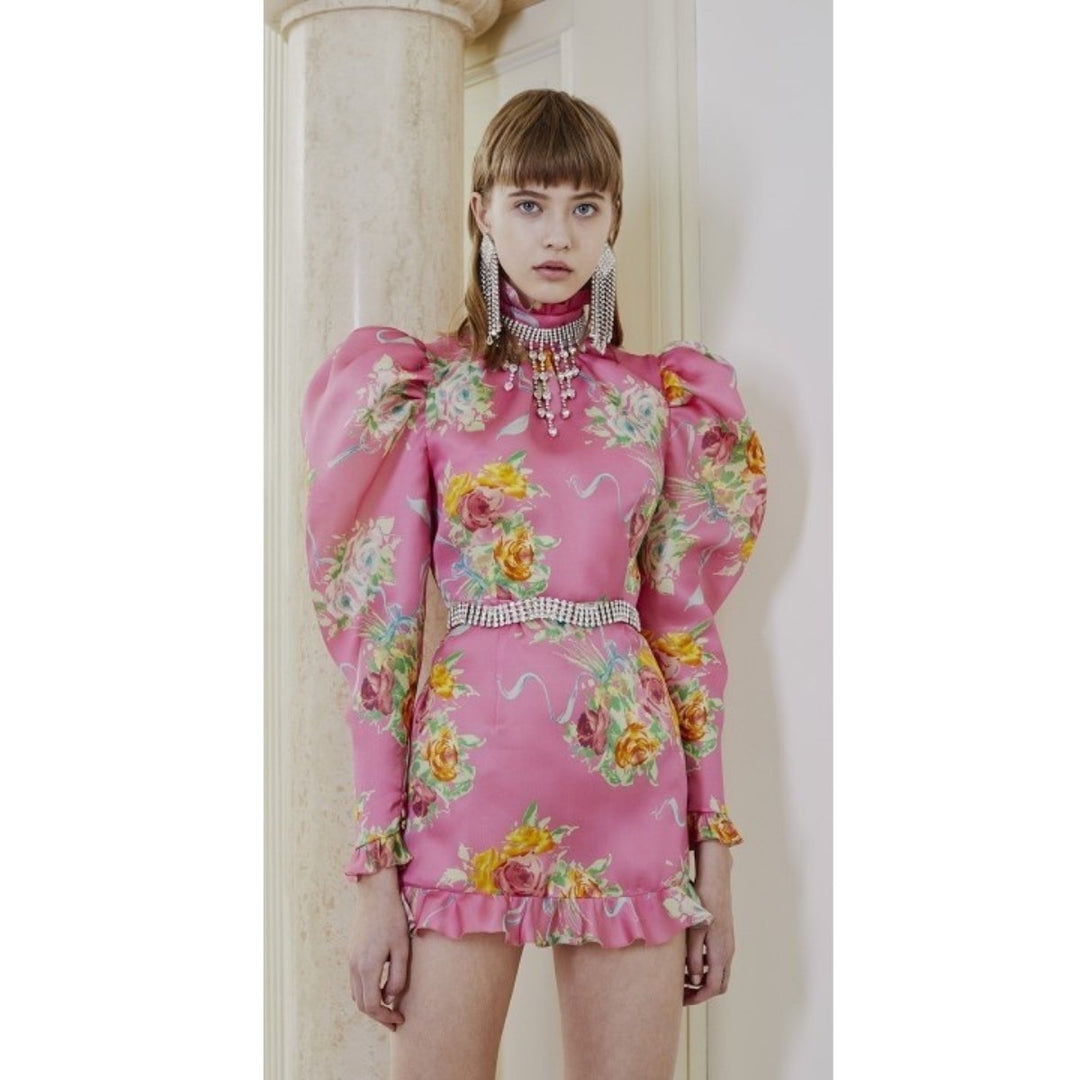 Floral Puff-Sleeve Silk Mini Dress
