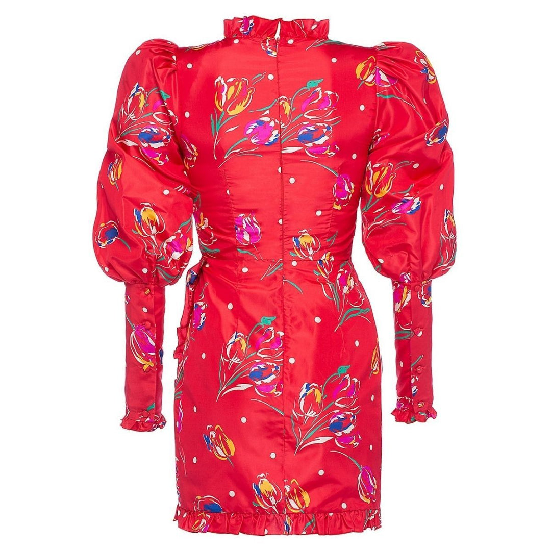 Floral Puff-Sleeve Silk Mini Dress