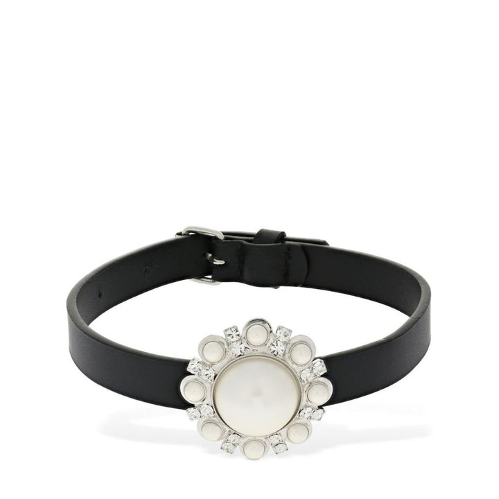 Alessandra Rich-Leather Choker with Faux Pearl & Crystals - Runway Catalog