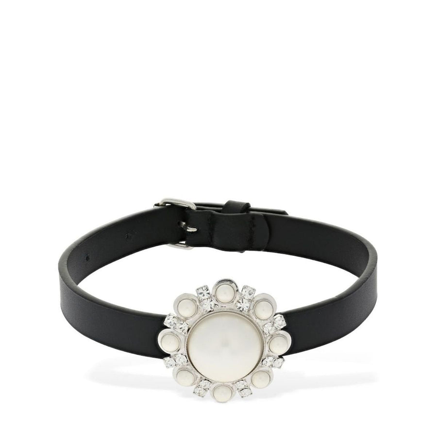Alessandra Rich-Leather Choker with Faux Pearl & Crystals - Runway Catalog