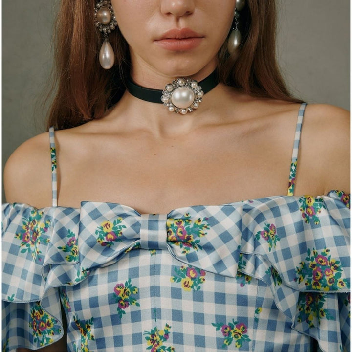 Leather Choker with Faux Pearl & Crystals