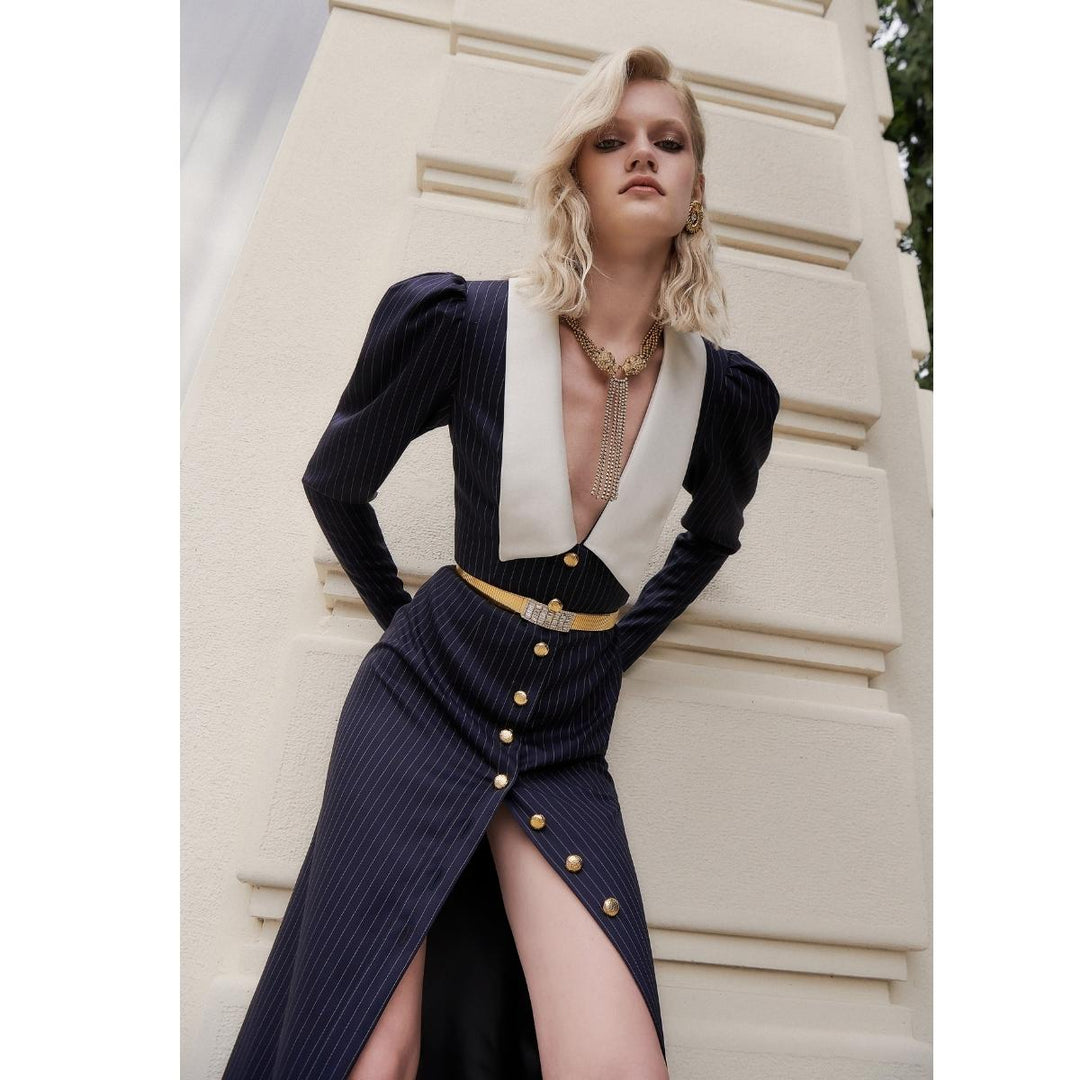 Pinstripe Wool Midi Dress