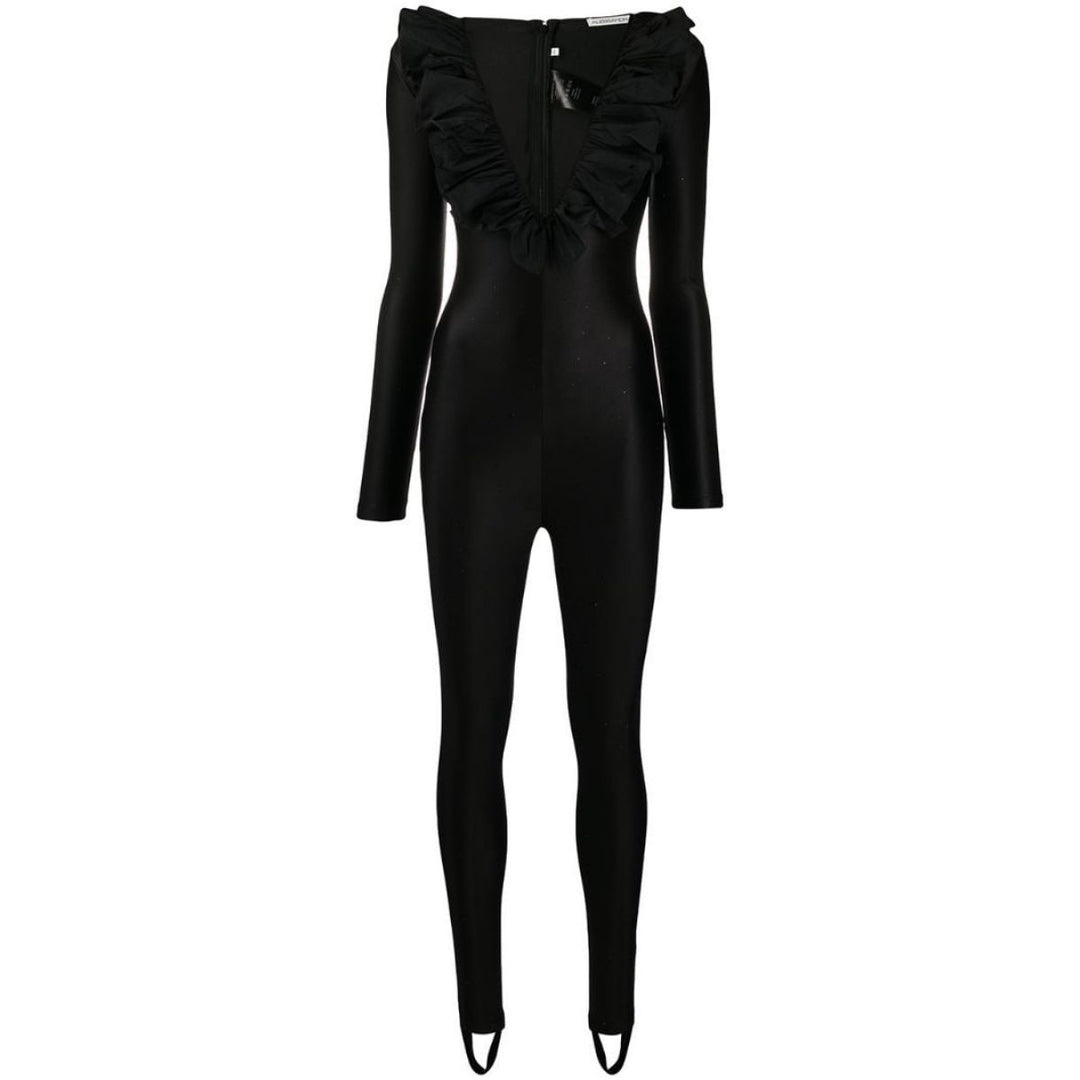 Alessandra Rich-Ruffle Crystal Jumpsuit in Black - Runway Catalog