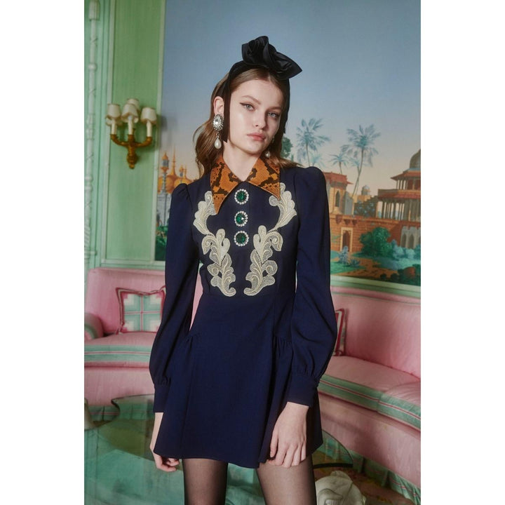 Wool Crepe Mini Dress With Python Print Collar
