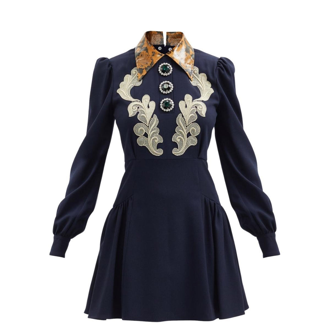 Alessandra Rich-Wool Crepe Mini Dress With Python Print Collar - Runway Catalog