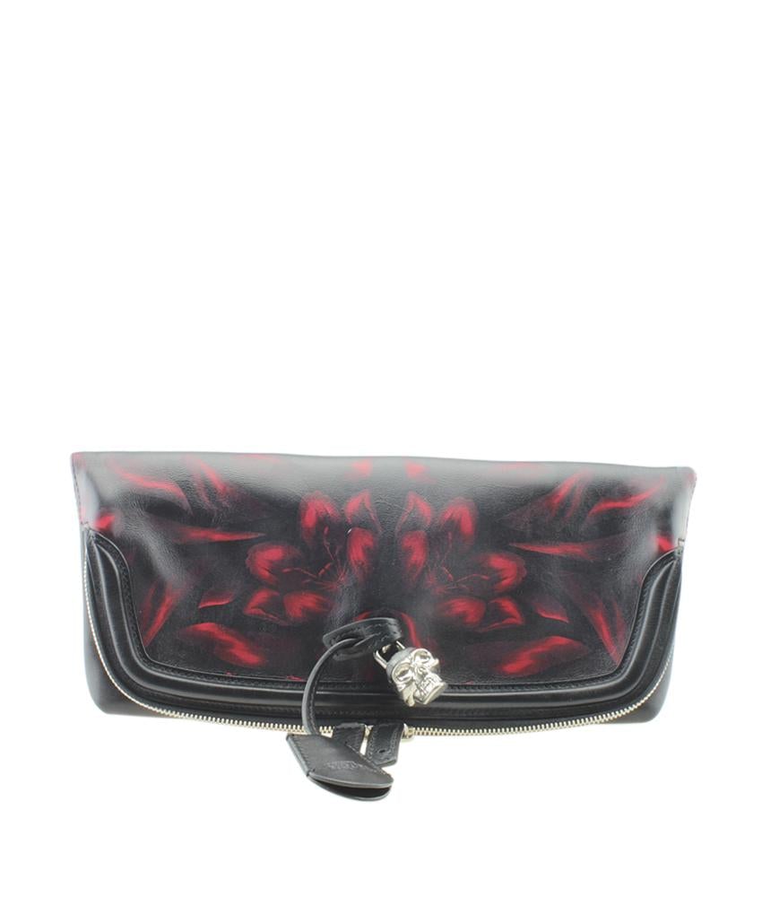 Alexander McQueen Skull Padlock Red & Black Floral Leather Clutch