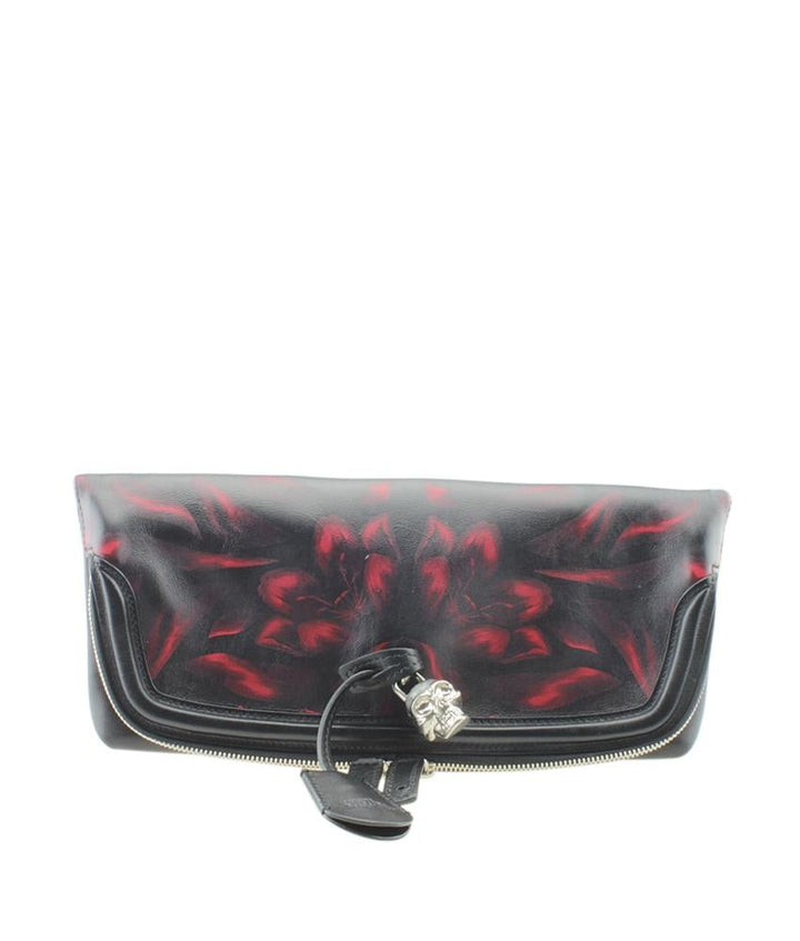 Alexander McQueen Skull Padlock Red & Black Floral Leather Clutch