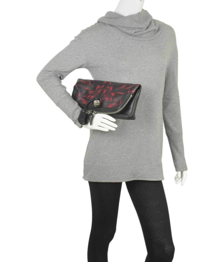 Alexander McQueen Skull Padlock Red & Black Floral Leather Clutch