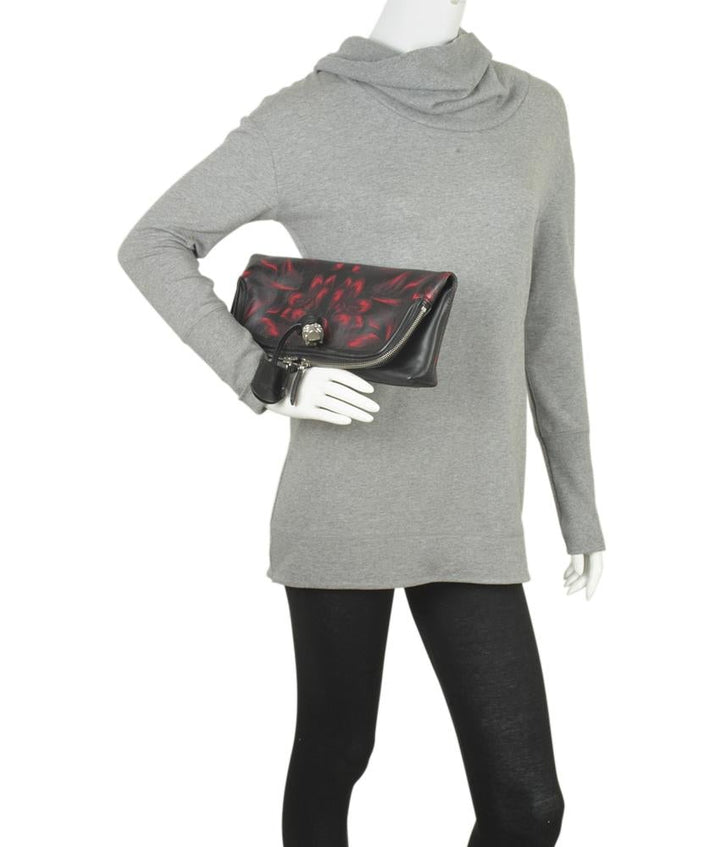 Alexander McQueen Skull Padlock Red & Black Floral Leather Clutch
