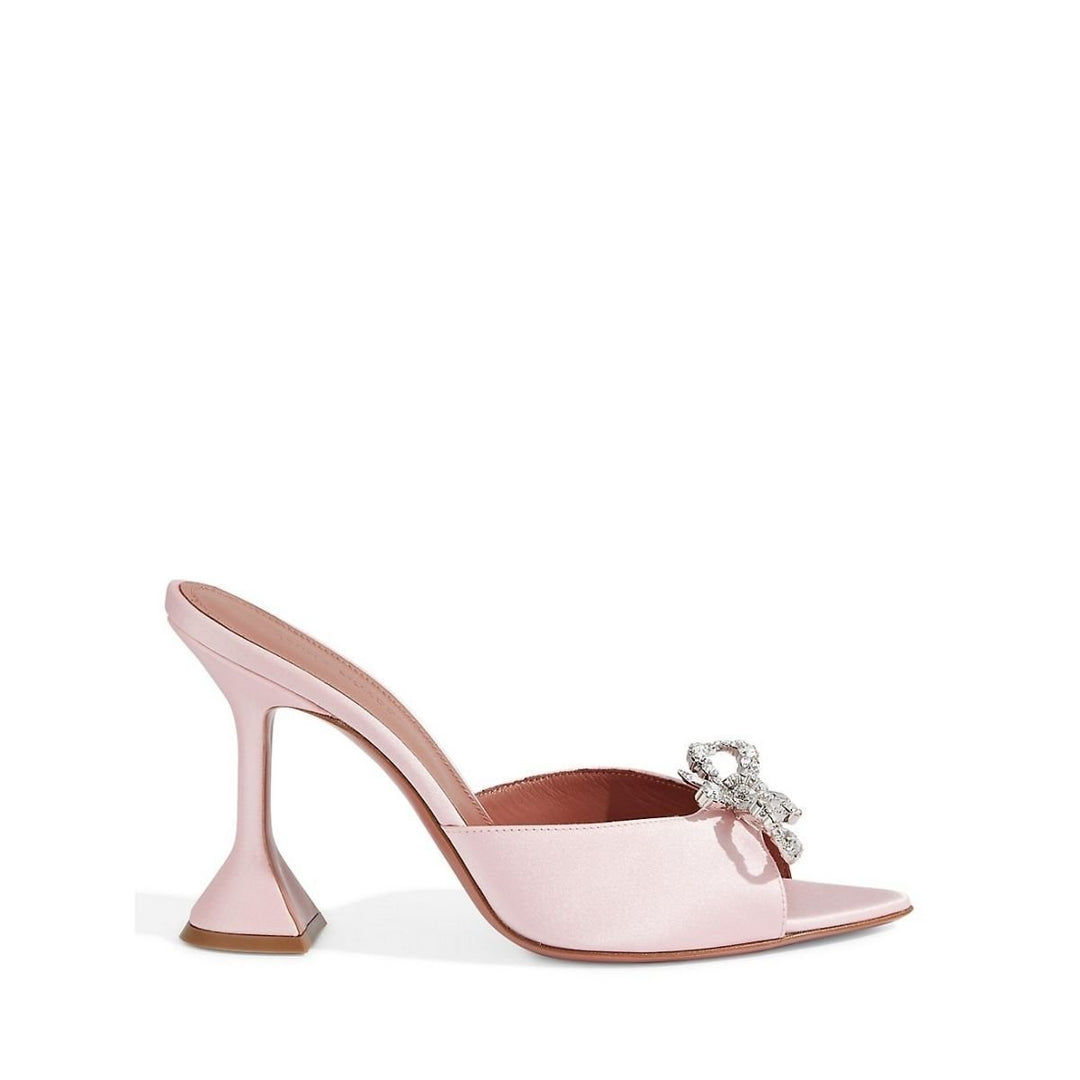 Amina Muaddi-Embellished Pink Satin Rosie Mules - Runway Catalog