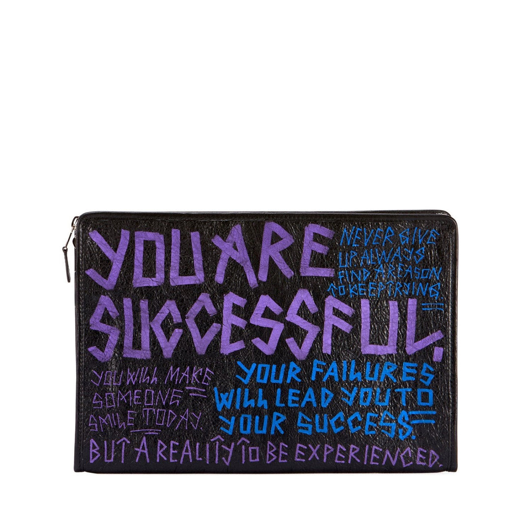 Balenciaga Bazar Graffiti Purple Blue Black Arena Leather Pouch 443658