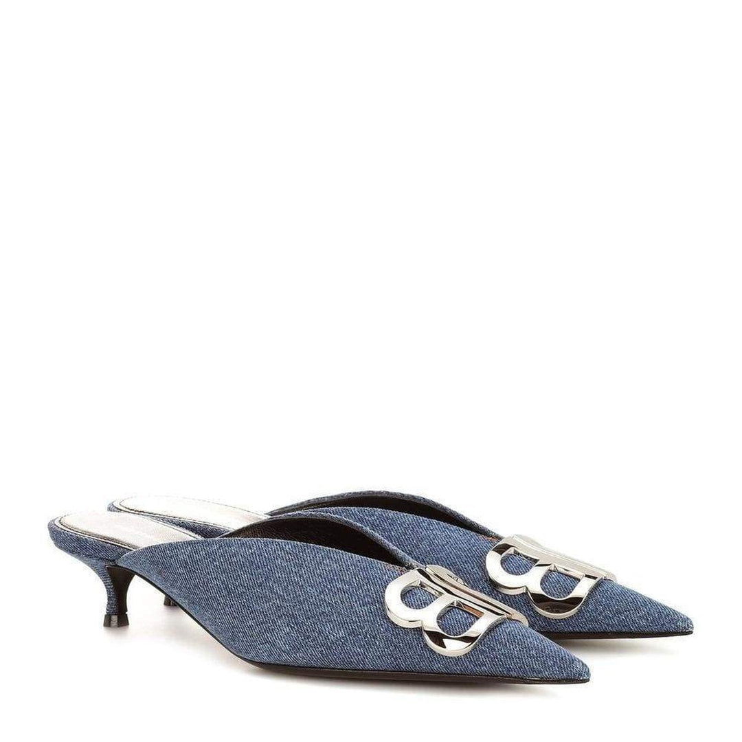 Balenciaga-BB Denim Kitten-Heel Mules - Runway Catalog