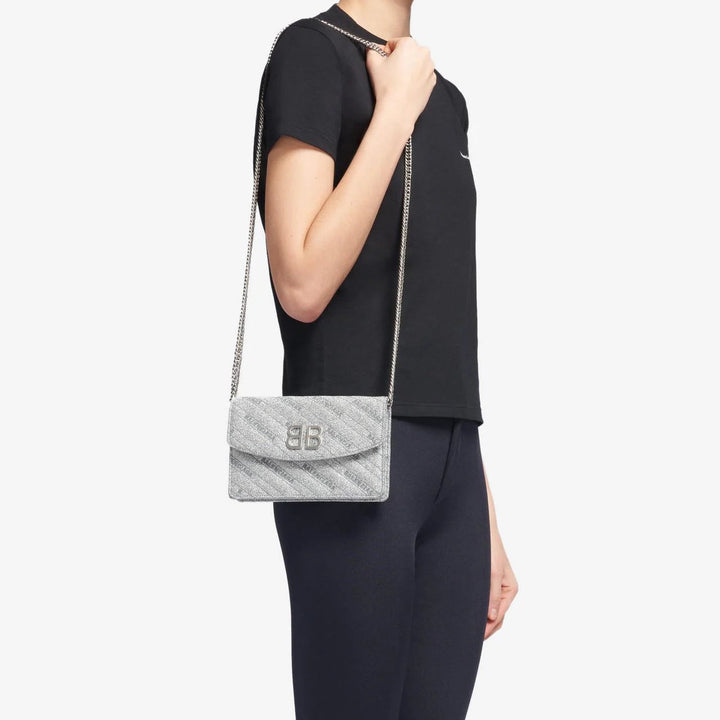 Balenciaga BB Silver Glittered Leather Wallet on Chain Bag 561507