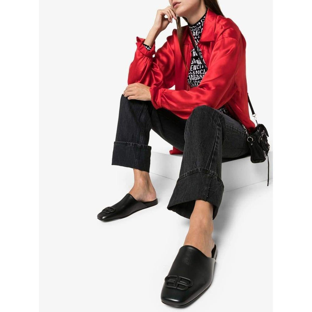 Black BB Logo Leather Slipper Shoes