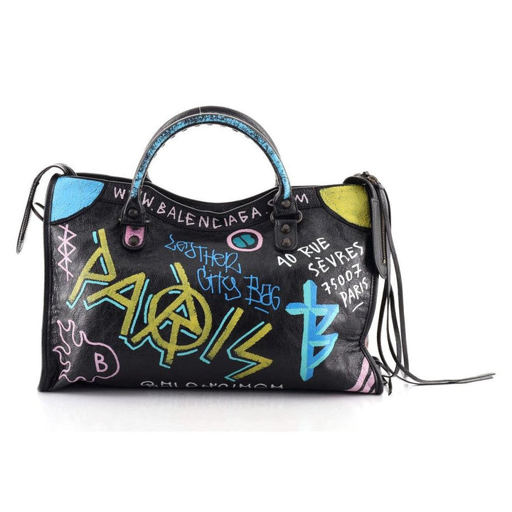 Balenciaga City Graffiti Print Black Arena Leather Shoulder Bag 505550