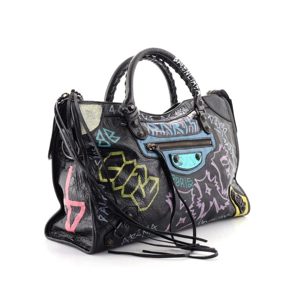 Balenciaga City Graffiti Print Black Arena Leather Shoulder Bag 505550