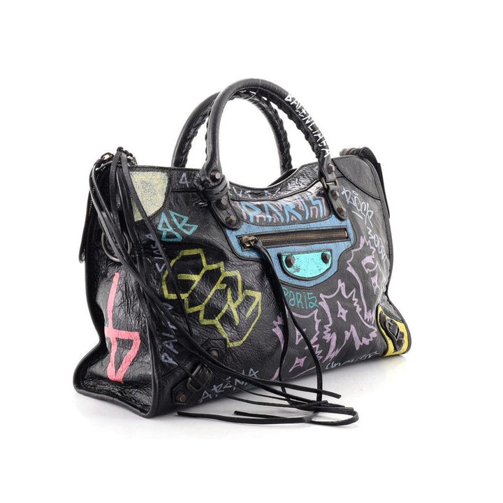 Balenciaga City Graffiti Print Black Arena Leather Shoulder Bag 505550
