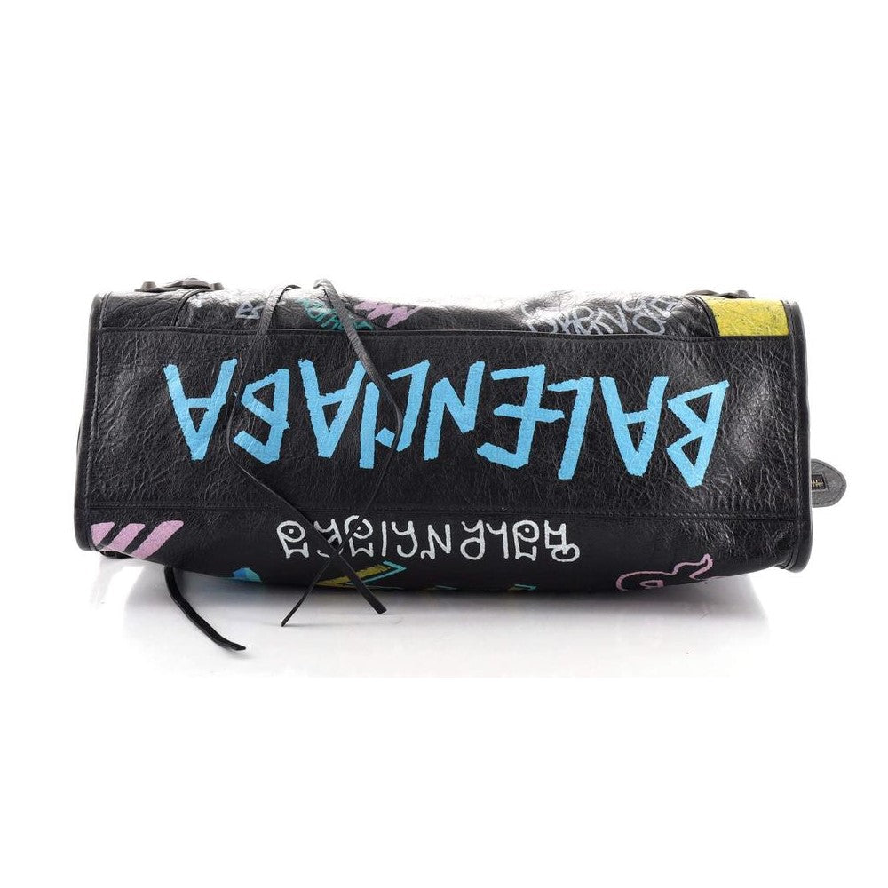 Balenciaga City Graffiti Print Black Arena Leather Shoulder Bag 505550