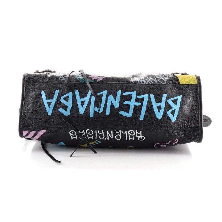 Balenciaga City Graffiti Print Black Arena Leather Shoulder Bag 505550