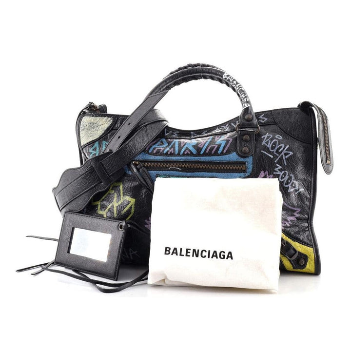 Balenciaga City Graffiti Print Black Arena Leather Shoulder Bag 505550