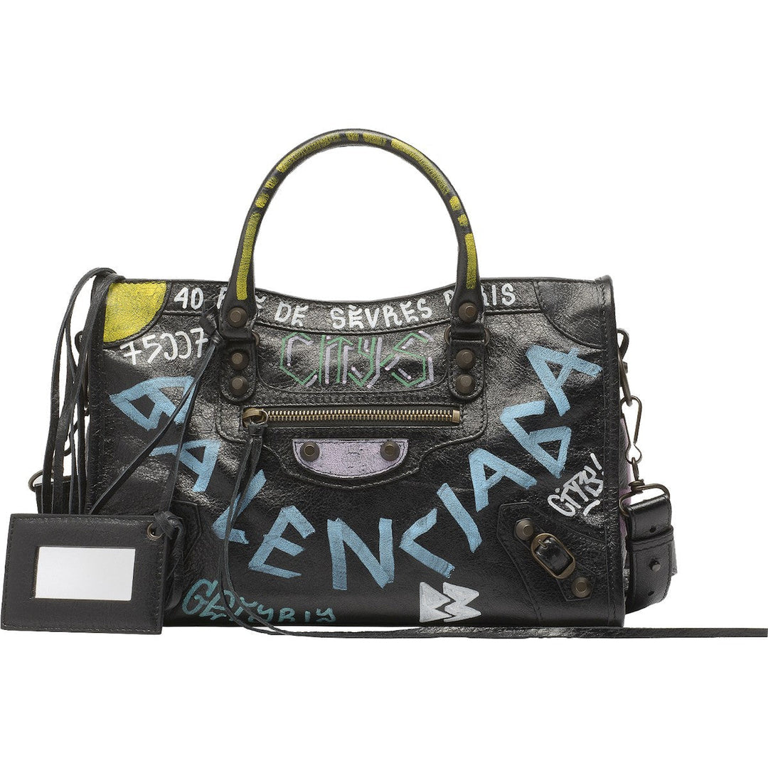 Balenciaga City Graffiti Print Black Arena Leather Shoulder Bag 505550