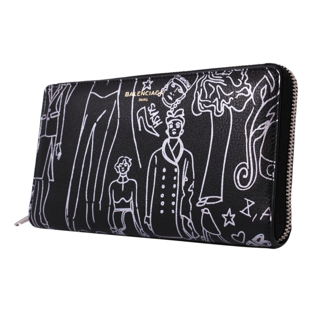Balenciaga Everyday Black Calfskin Tattoo Print Zip Around Wallet 490625