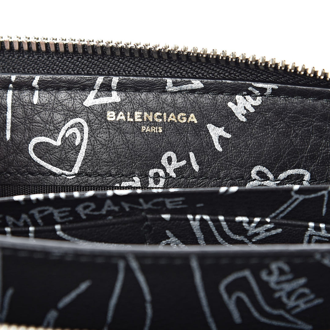 Balenciaga Everyday Black Calfskin Tattoo Print Zip Around Wallet 490625
