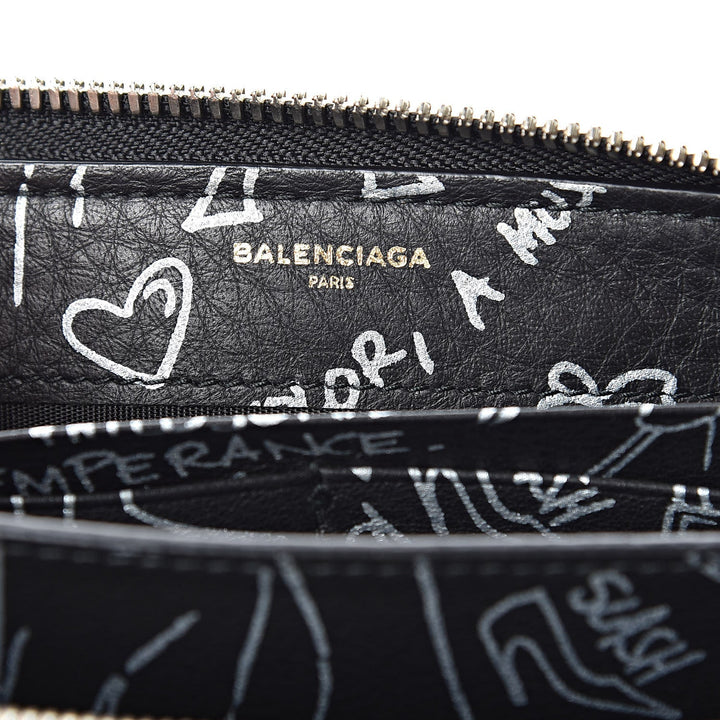 Balenciaga Everyday Black Calfskin Tattoo Print Zip Around Wallet 490625