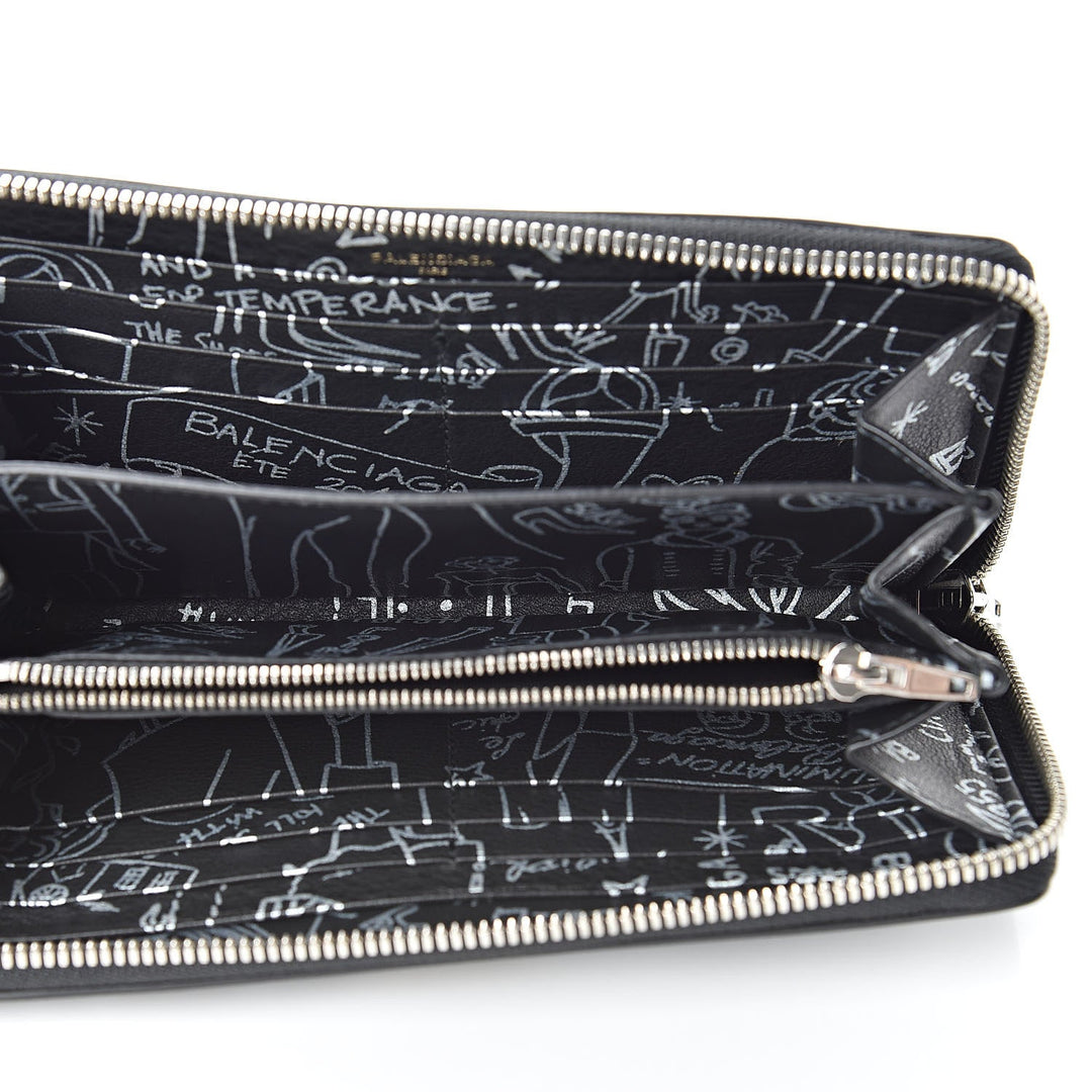 Balenciaga Everyday Black Calfskin Tattoo Print Zip Around Wallet 490625