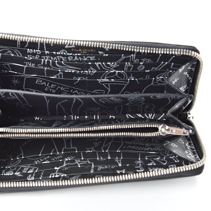 Balenciaga Everyday Black Calfskin Tattoo Print Zip Around Wallet 490625
