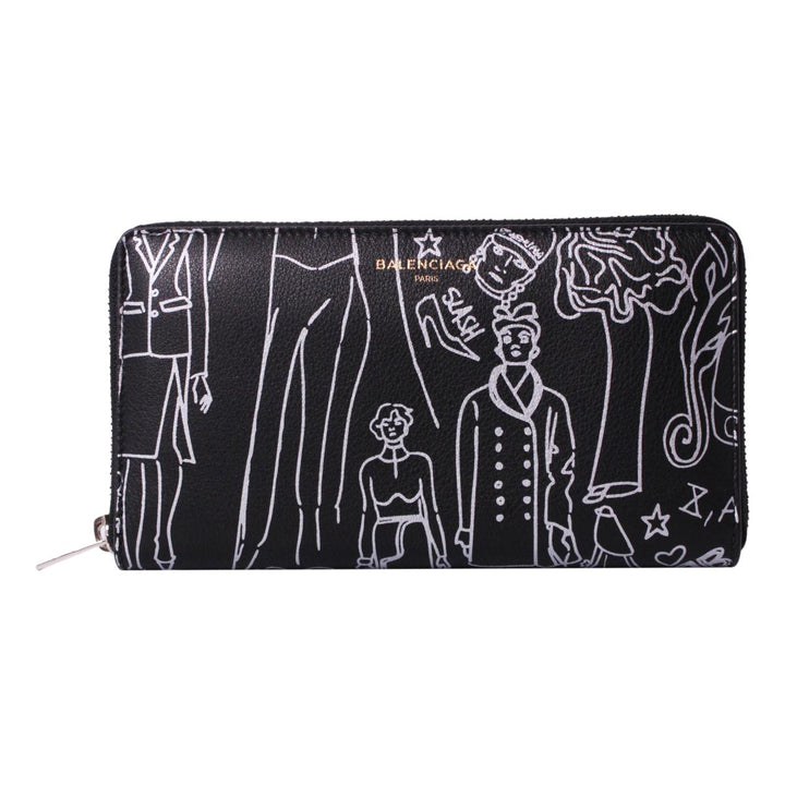 Balenciaga Everyday Black Calfskin Tattoo Print Zip Around Wallet 490625