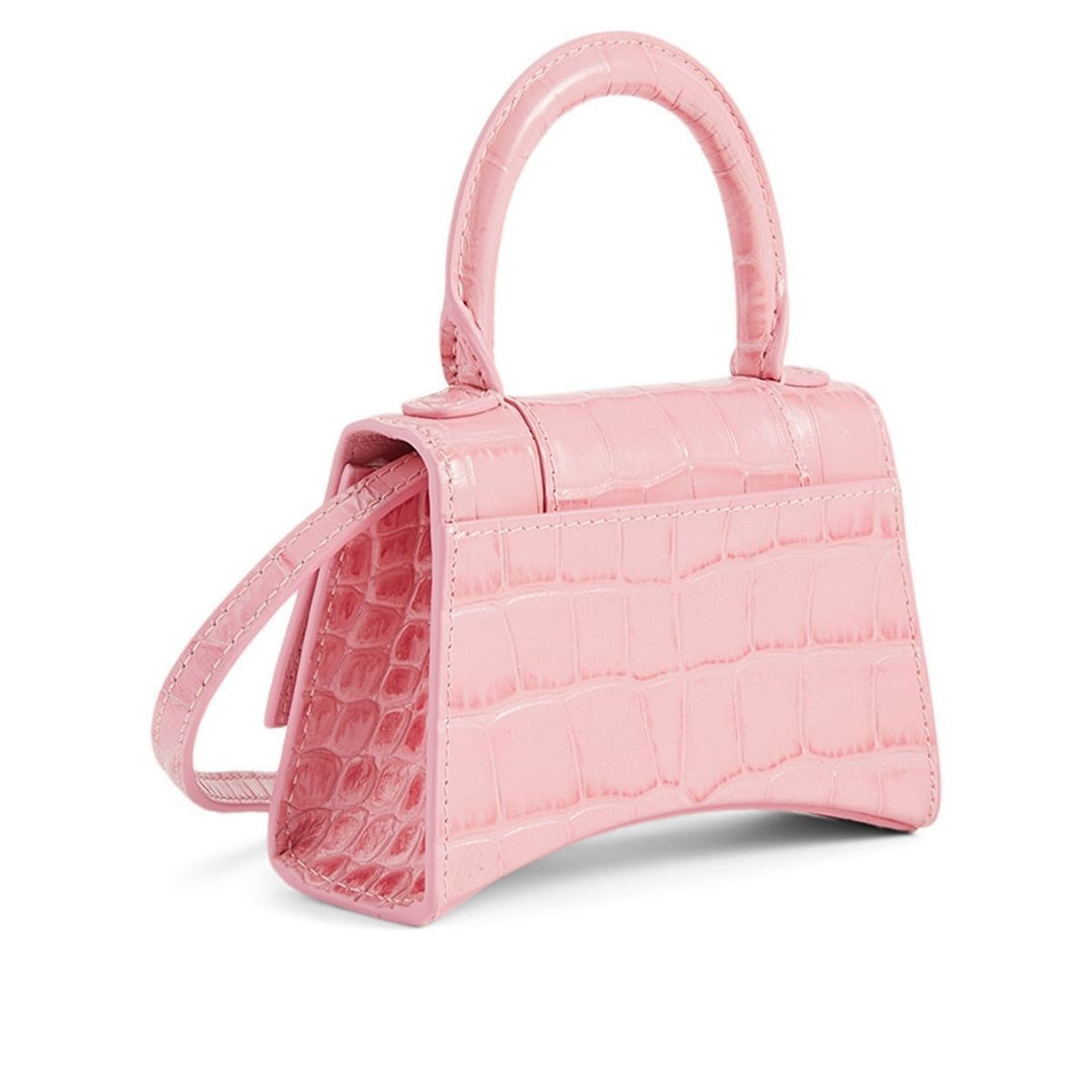Mini Hourglass Croc-Embossed Leather Bag in Pink