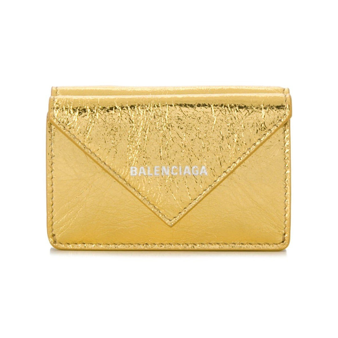 Balenciaga Papier Metallic Gold Arena Lambskin Leather Mini Trifold Wallet 391446