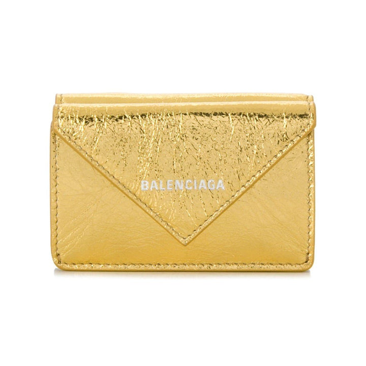 Balenciaga Papier Metallic Gold Arena Lambskin Leather Mini Trifold Wallet 391446