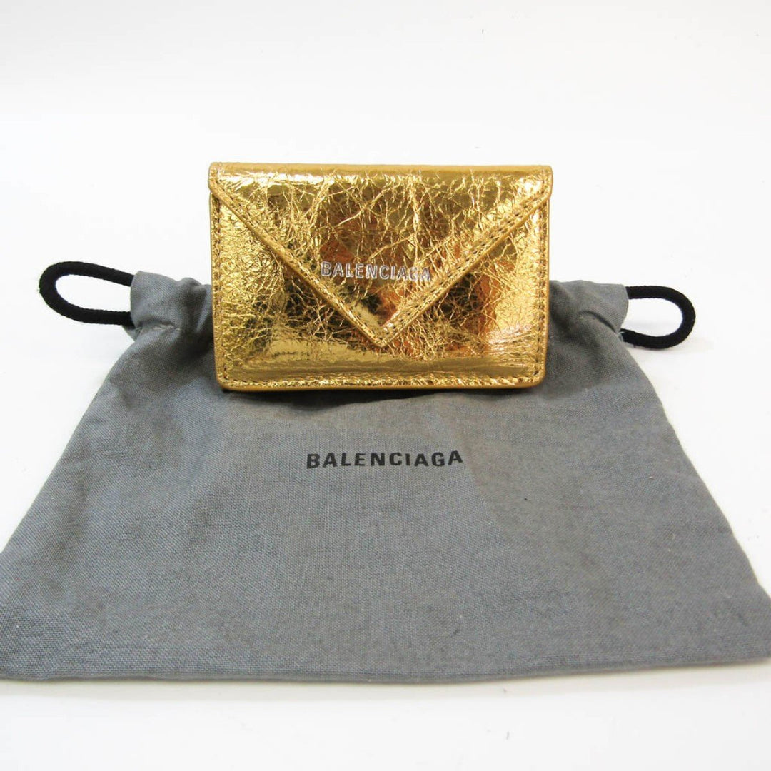 Balenciaga Papier Metallic Gold Arena Lambskin Leather Mini Trifold Wallet 391446