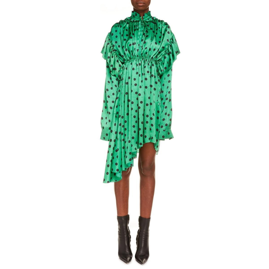 Polka Dot Print Long Sleeve Logo Jacquard Babydoll Dress
