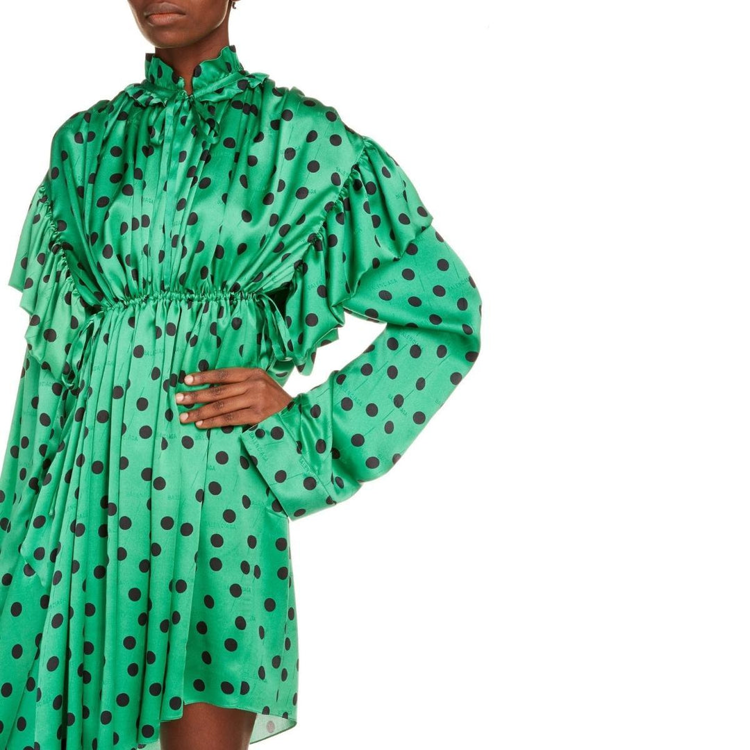 Polka Dot Print Long Sleeve Logo Jacquard Babydoll Dress