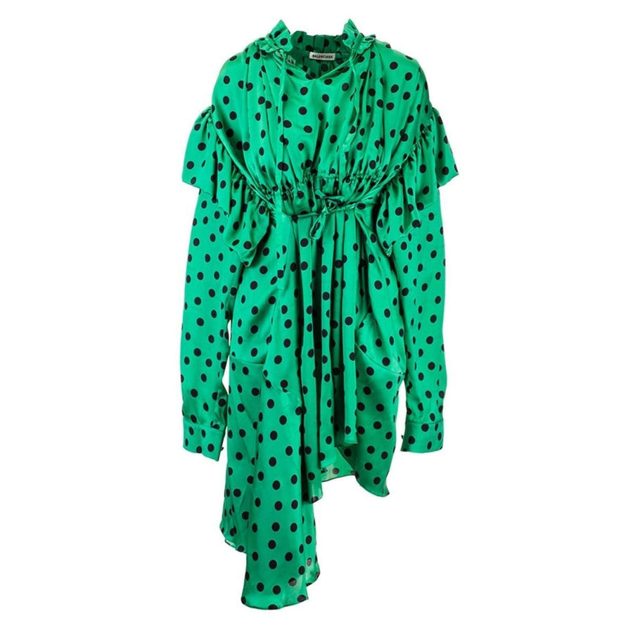 Balenciaga-Polka Dot Print Long Sleeve Logo Jacquard Babydoll Dress - Runway Catalog