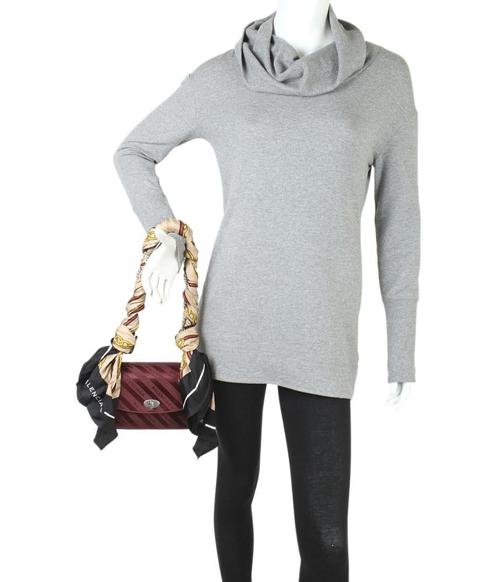 Balenciaga Round S Jacquard Burgundy Satin Shoulder Bag