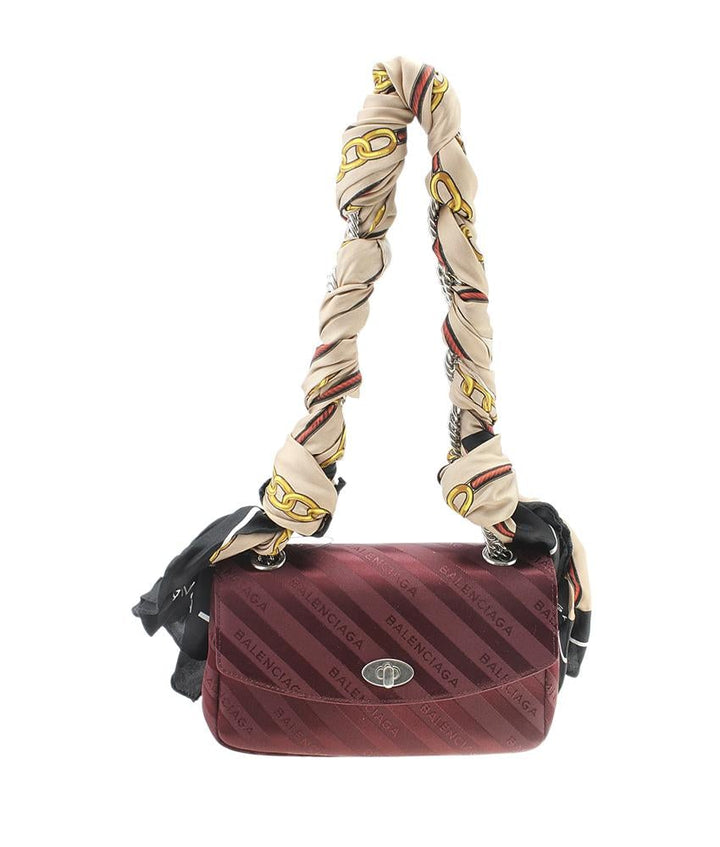 Balenciaga Round S Jacquard Burgundy Satin Shoulder Bag