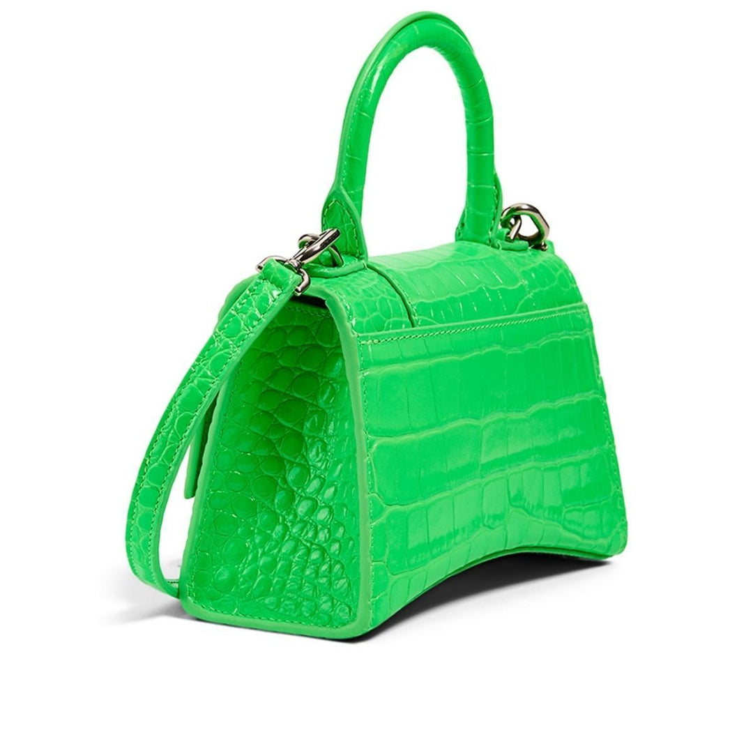 XS Hourglass Croc-Embossed Leather Top Handle Bag in Green