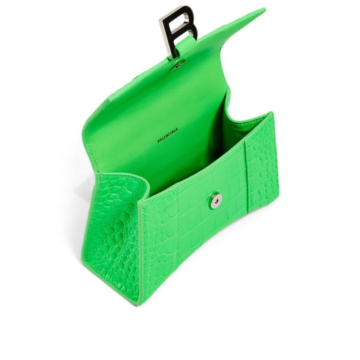 XS Hourglass Croc-Embossed Leather Top Handle Bag in Green